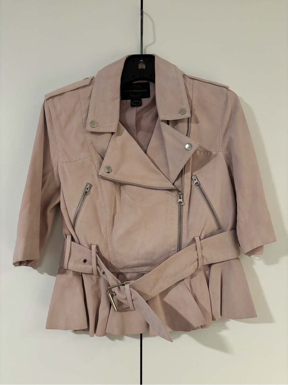 French Connection 100% Genuine Leather Blush Pink Moto Jacket with Belt